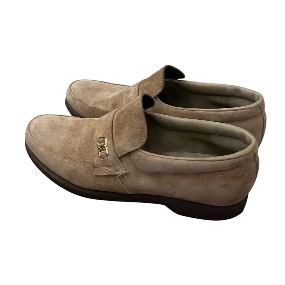 Vintage 70s 80s Montgomery Ward Suede Loafer Dress Shoes Gold Hardware Taupe 9D